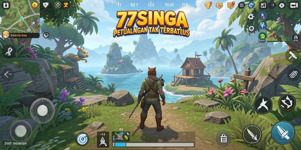 Screenshot menampilkan pemain menjelajahi pemandangan menakjubkan di 77SINGA.