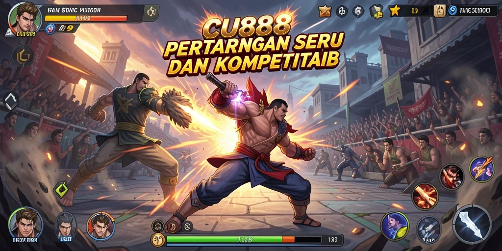 Screenshot gameplay CU888 dengan pertarungan intens dan karakter yang beragam.