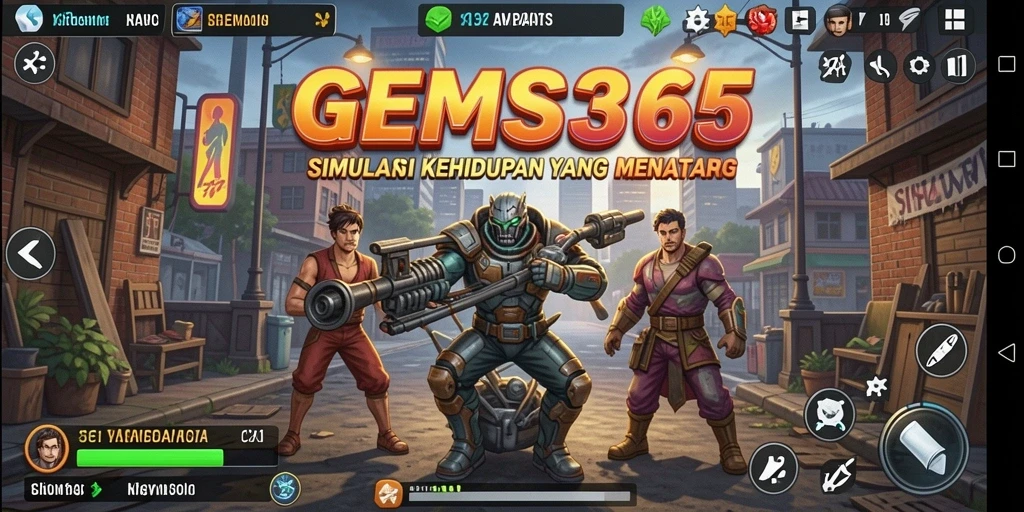 Tampilan gameplay menarik dari GEMS365 menunjukkan karakter dalam aktivitas sehari-hari.
