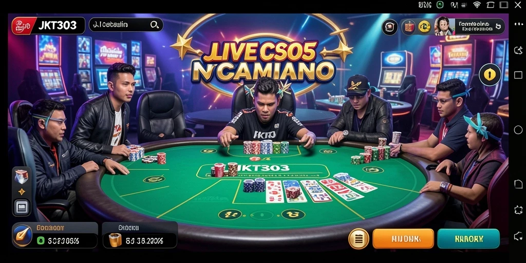Screenshot utama JKT303 menunjukkan dealer langsung dalam aksi di permainan Live Casino.