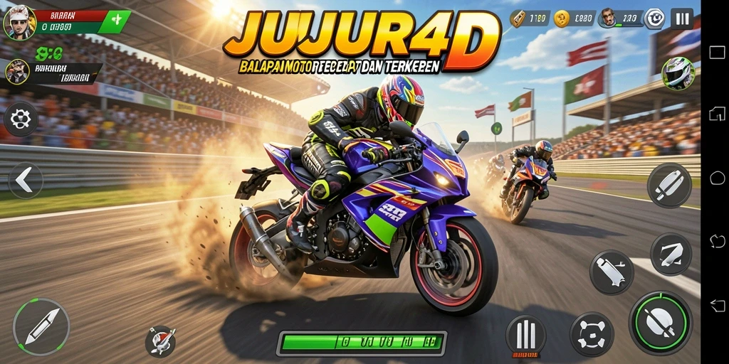 Gameplay seru dari JUJUR4D dengan motor balap berkecepatan tinggi.