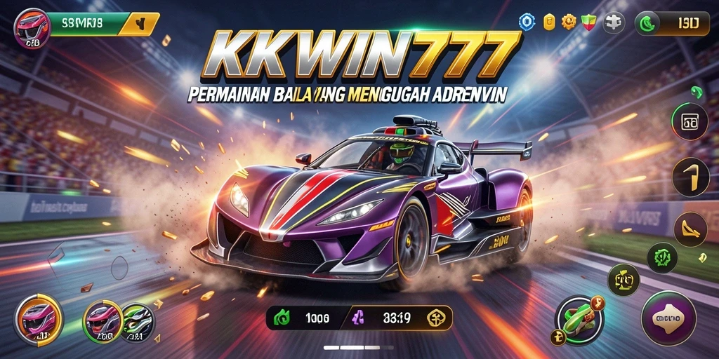 Tampilan gameplay KKWIN777 dengan mobil balap yang sedang melaju di lintasan.