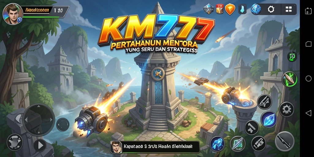 Tampilan gameplay menegangkan dalam KM777 dengan berbagai menara dan musuh.
