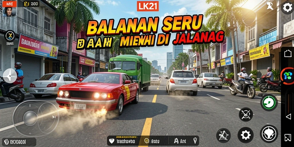 Tampilan gameplay LK21 dengan aksi balap yang intens dan mobil yang bertenaga.