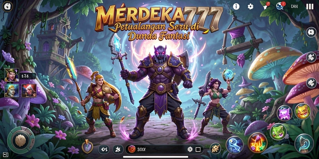 Screenshot gameplay MERDEKA777 menampilkan karakter sedang menjelajahi dunia fantasi yang indah.