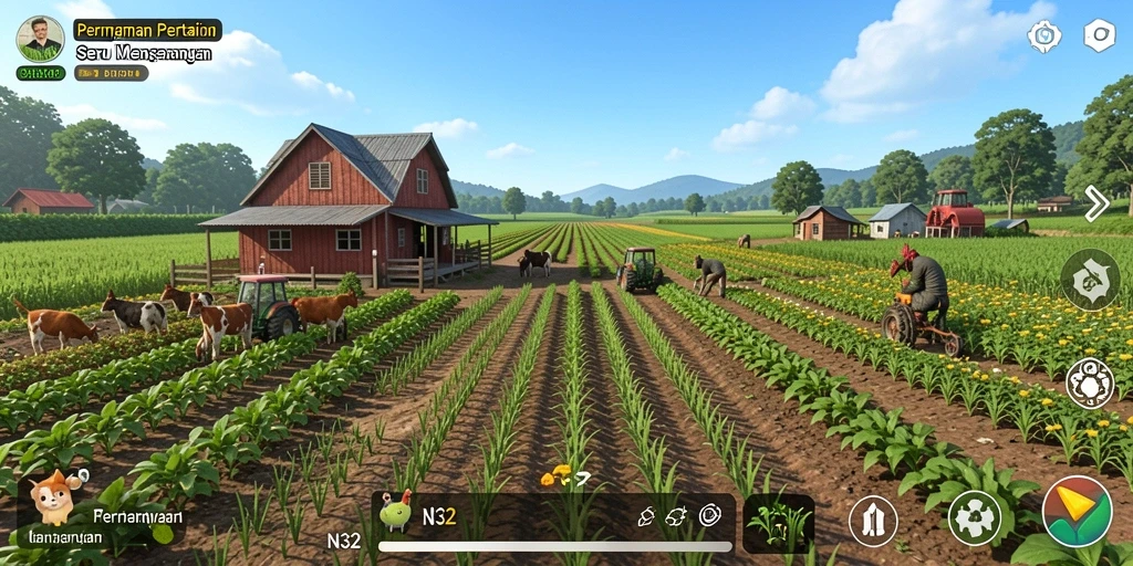 Screenshot menunjukkan pemain merawat pertanian dengan baik dan produktif.