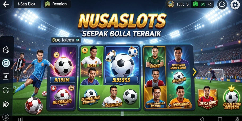 Tampilan NUSASLOTS yang menarik dengan tema sepak bola yang seru.