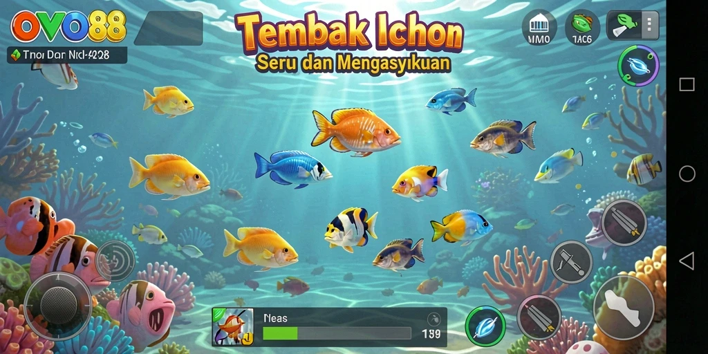 Tampilan permainan OVO88 saat menembak ikan di lautan yang indah.