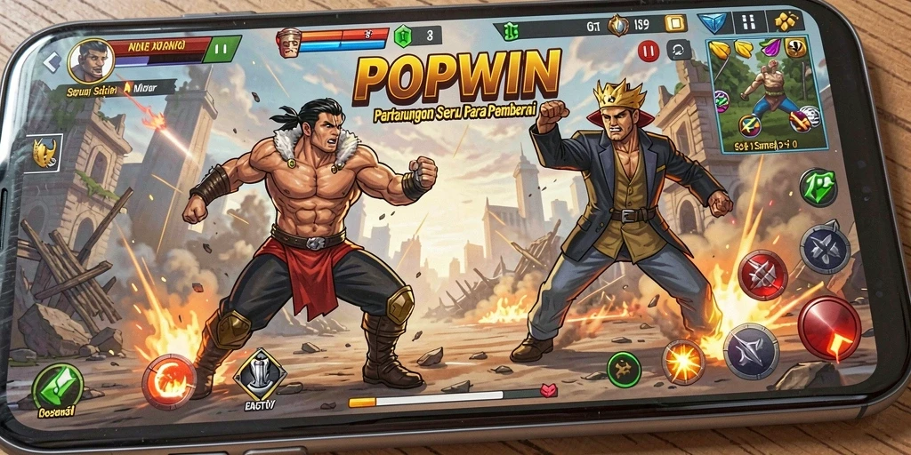 Tampilan pertarungan intens di arena POPWIN dengan aksi yang mendebarkan.