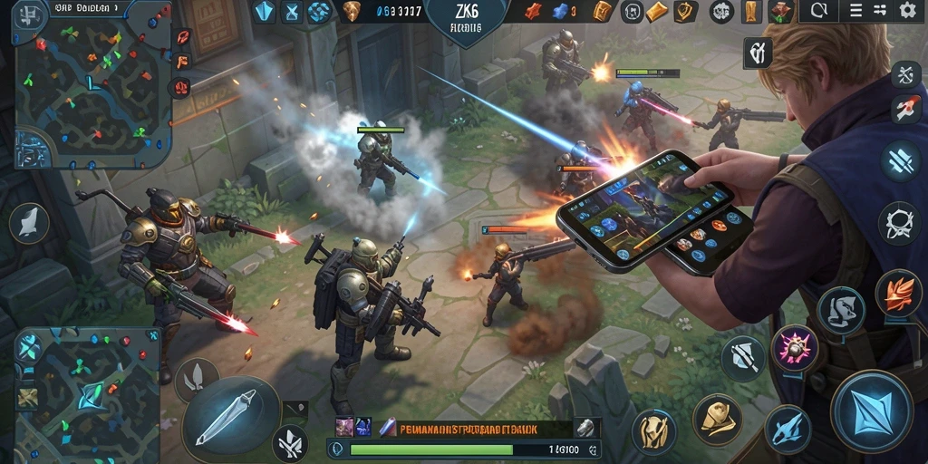 Screenshot gameplay ZK6 menampilkan aksi pertempuran yang intens dan strategi yang mendalam.